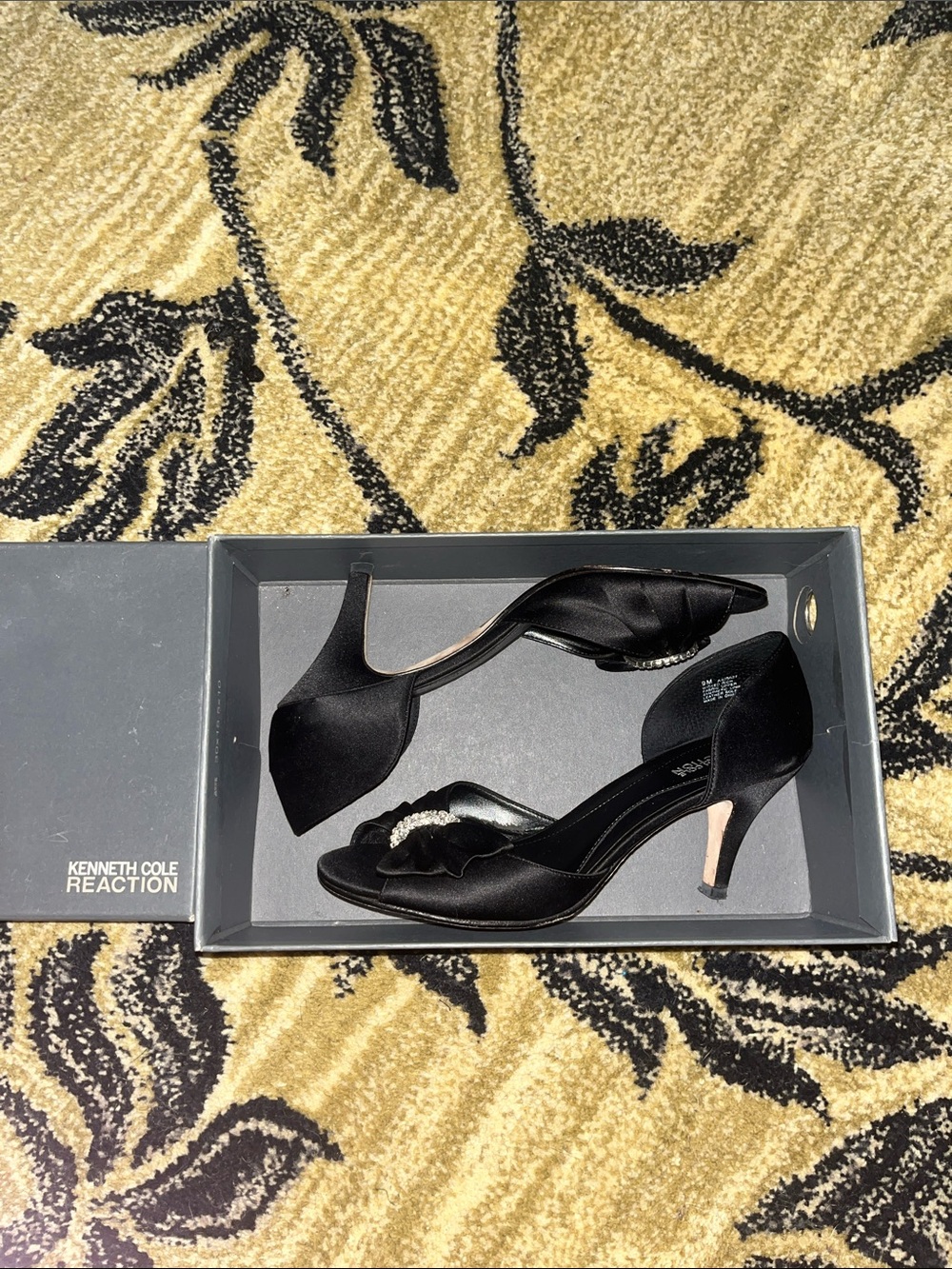 Kenneth Cole Reaction Black Satin D'Orsay Heels with Crystal Accent
